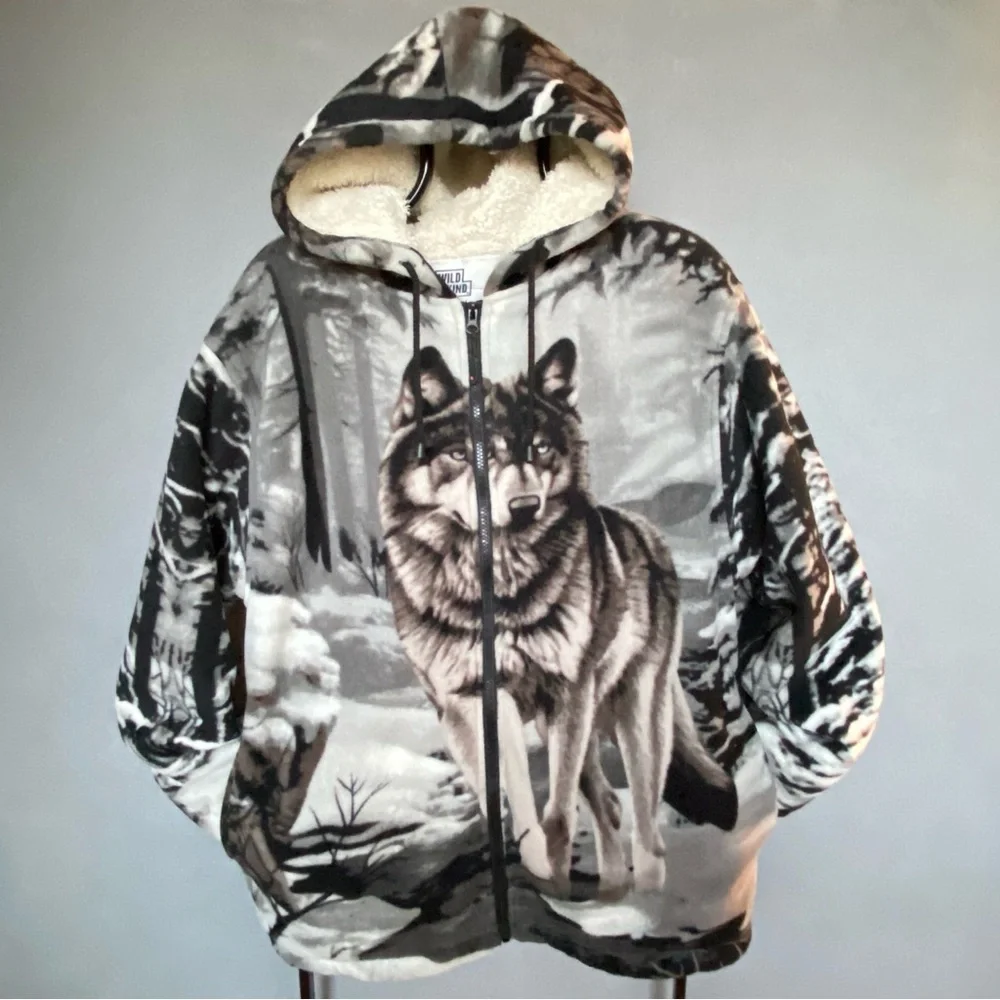WILDKIND Wolf Graphic Print Gray Hoodie Fleece Sherpa Lined Full Zip Men’s Sz M